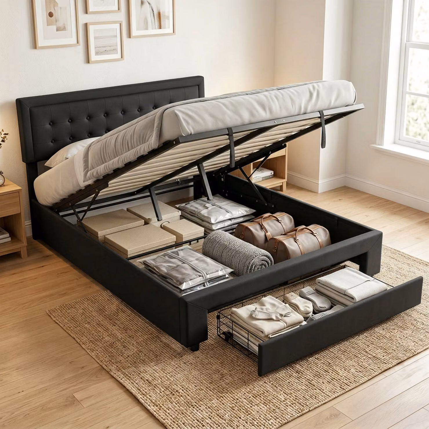 HOMCOM King Ottoman Bed Frame in Black Synthetic Leather with Lift-Up Storage Base and Adjustable Headboard, W: 180 cm, D: 200 cm, H: 144 cm – 2