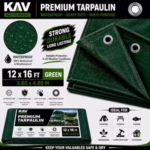 KAV Heavy Duty Waterproof Tarpaulin with Eyelets, Green, W: 4.80 m, D: 3.60 m – 2