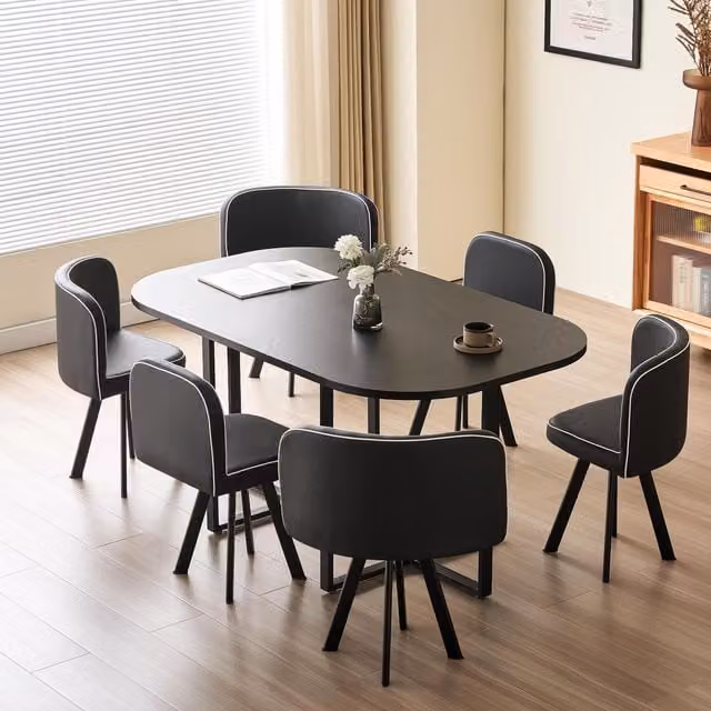 Comfy Living Modern Black Rectangular Dining Table and Six Chairs Set
