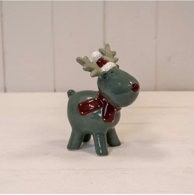 KDMD Ceramic Reindeer Tabletop Christmas Decoration in Dark Green and White