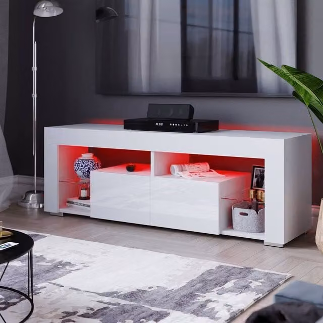 HD Designs Vida Designs Luna Modern 2 Drawer LED TV Unit in White with Integrated Lighting and Glass Details