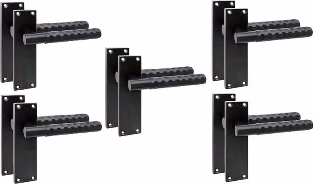 Golden Grace Matt Black Victorian Knurled Hex Cut Long Backplate Door Handle and Bathroom Lock Set, 5 Pairs