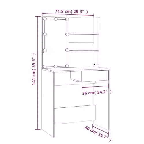 vidaXL Modern Dressing Table with Hollywood LED in Black, W/D/H: 74.5 x 40 x 141 cm – 3