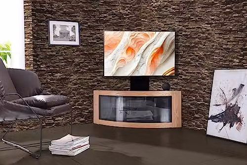 Centurion Supports PANGEA Black and Oak Beam-Thru Curved True-Corner TV Cabinet with Mounting Arm for 32-50 inch Screens W/D/H: 118 x 45 x 45 cm