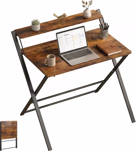 Rolipo Compact Folding Computer Desk with Storage Shelf in Brown