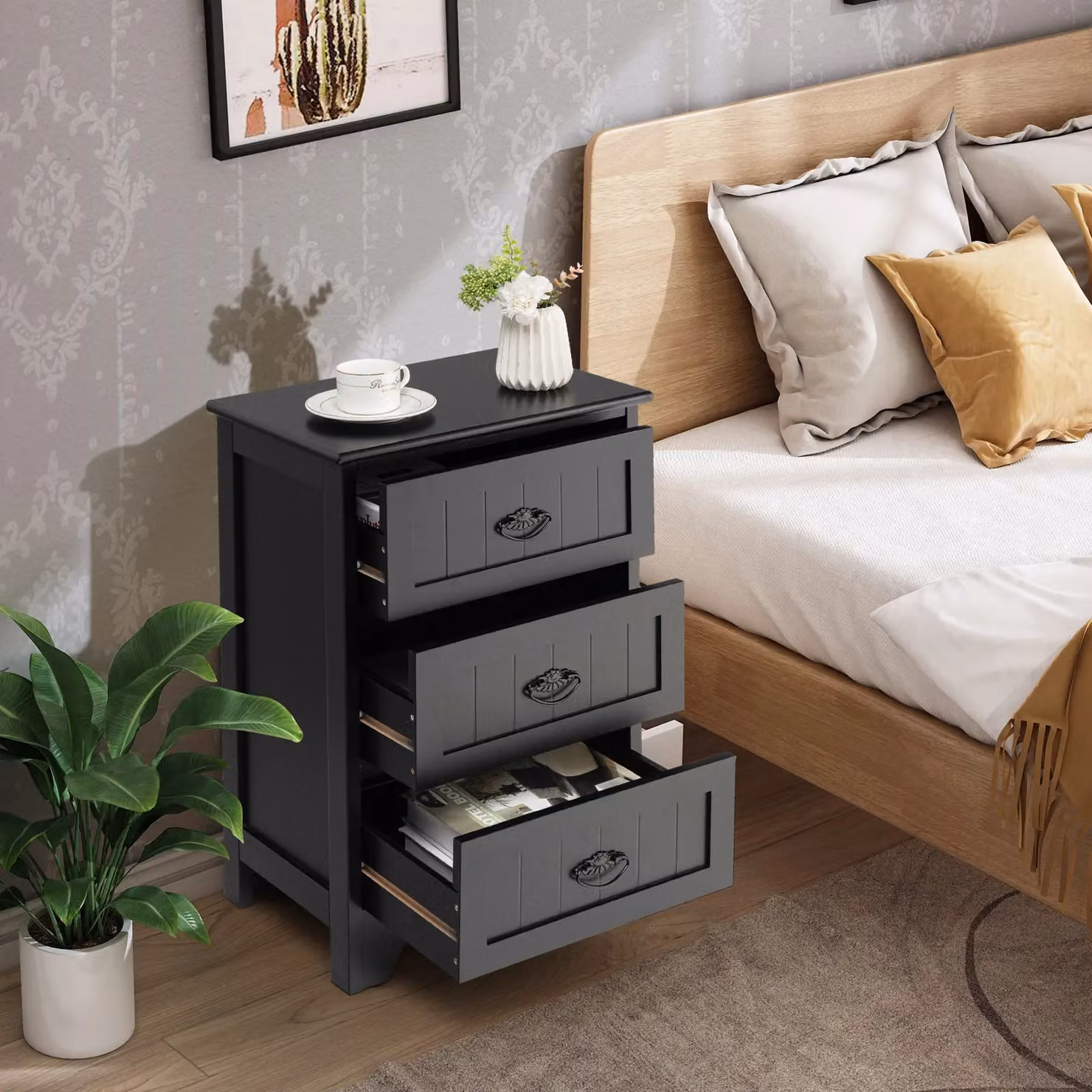 Costway Vintage Wooden 3-Drawer Bedside Table and Accent End Table in Black – 2