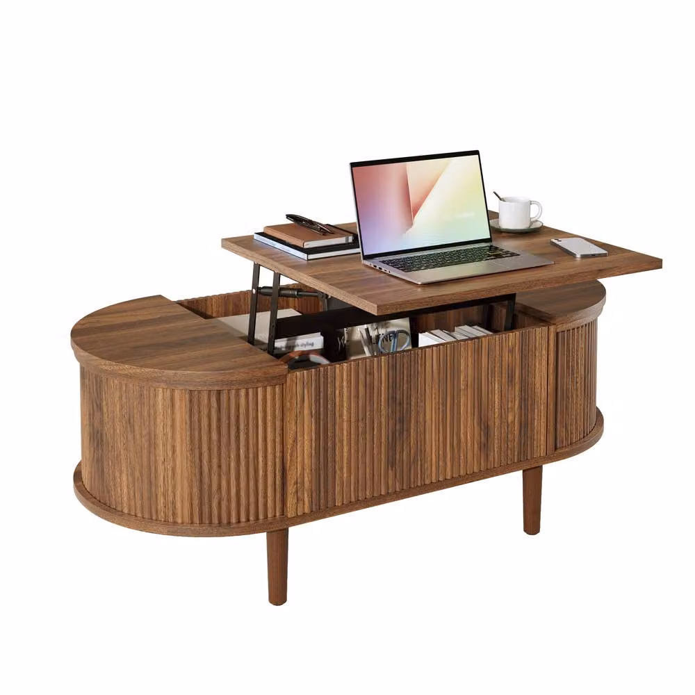 BTM Vintage Oval Coffee Table with Adjustable Height and Solid Wood Legs in Walnut Brown – 2
