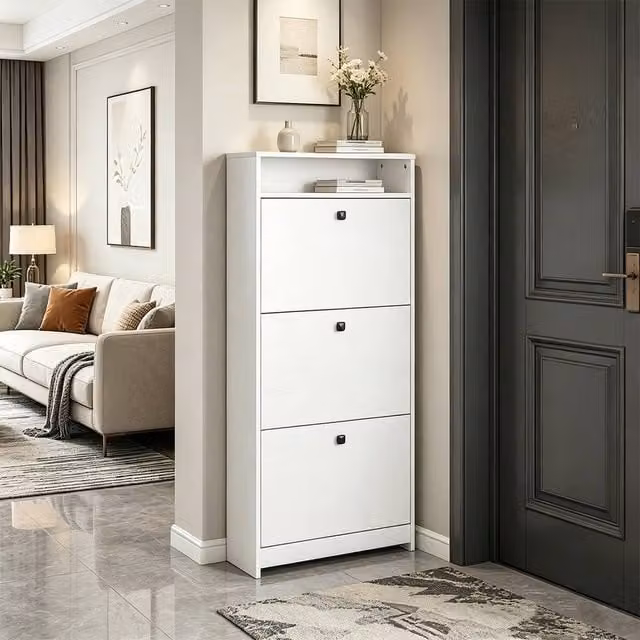 ERGOVEXA White Narrow Shoe Cabinet with 3 Tilting Compartments and Open Shelf – 1