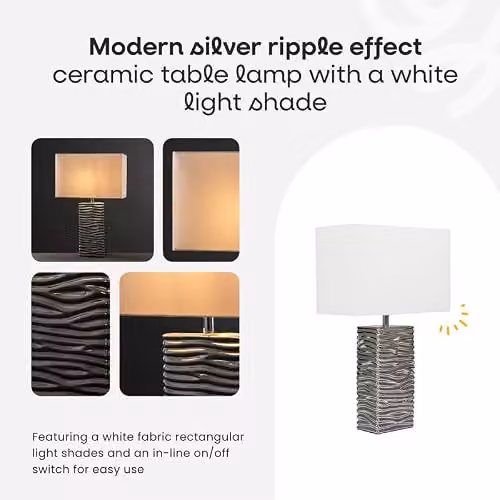 ValueLights Etienne Modern Silver Ceramic Table Lamp with White Fabric Shade, H 47.0 cm x W 30.5 cm x D 14.5 cm – 2