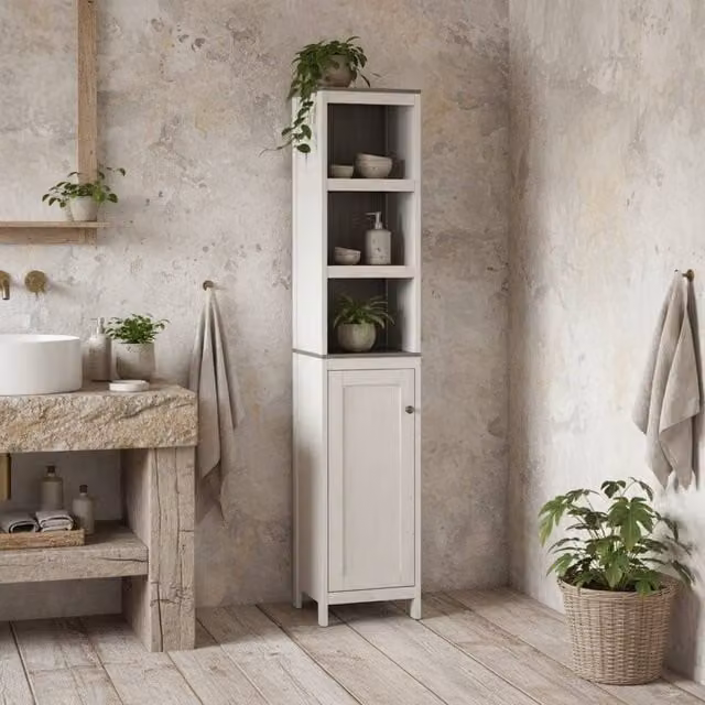 Wyld Haus Salata Tall Bathroom Storage Cabinet in Antique White with Mirror and Internal Shelves, H 161 x W 32 x D 30 cm – 1