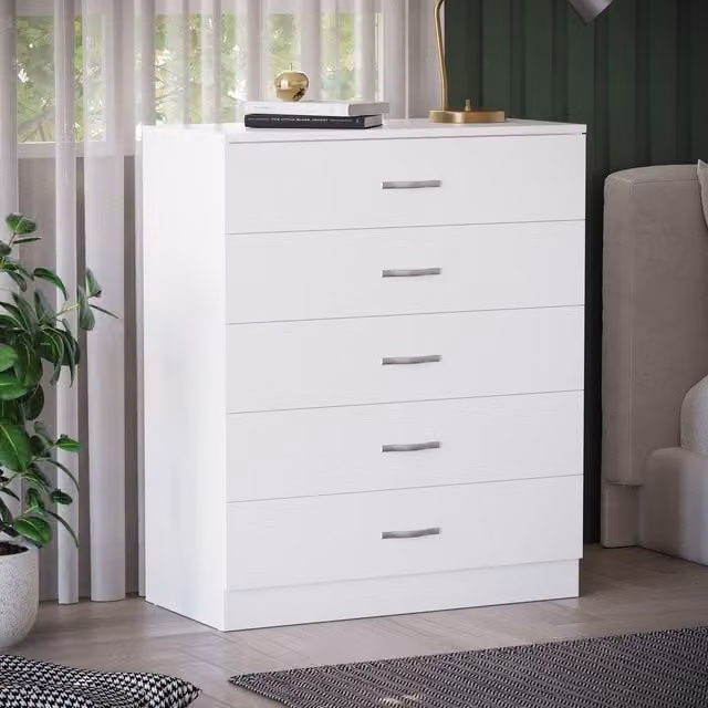 Vida Designs Riano 5 Drawer Chest of Drawers in White and Silver