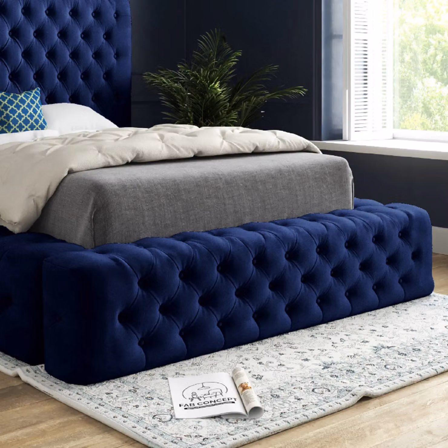 Casani Chesterfield Upholstered Velvet Bed Frame in Blue, W/D/H: 175 x 140 x 137 cm – 4