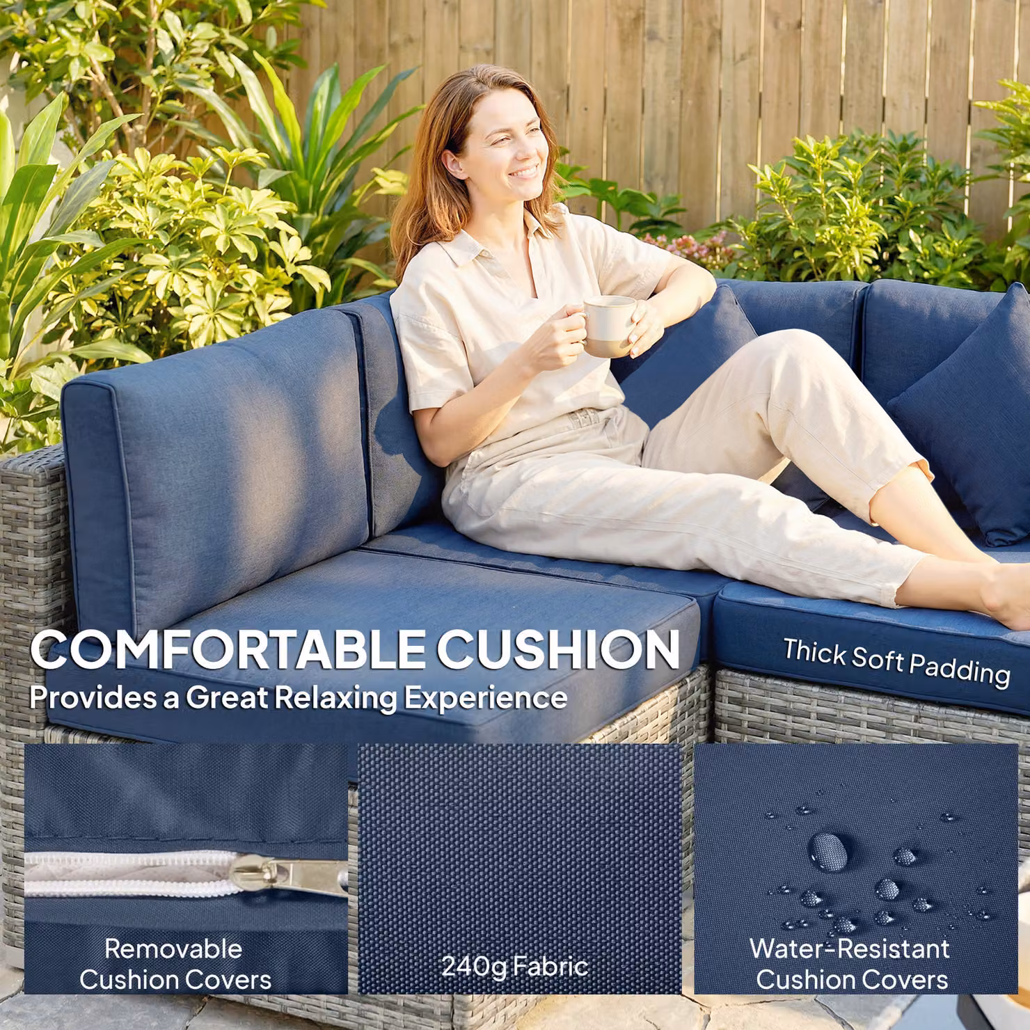 Outsunny 8 Piece PE Rattan L-Shape Corner Sofa Set with Cushions and Coffee Table, Dark Blue – 5