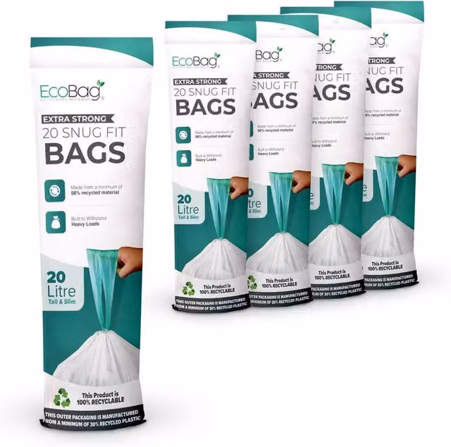 ECOBAG White Drawstring Bin Liners, 20L, 100 Pack