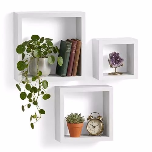 Orsina Set of 3 White MDF Wall Mounted Cubes with Back Panel, Modern Floating Storage Shelves for Living Room or Home Office