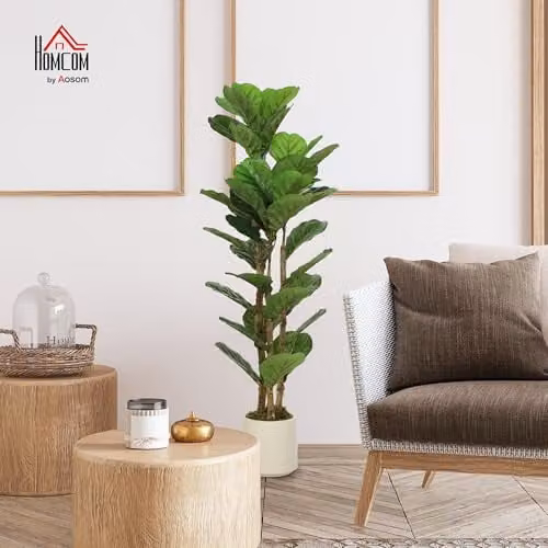 HOMCOM 120cm Artificial Fiddle Leaf Fig Tree with Wood Trunks in Green and White – 2