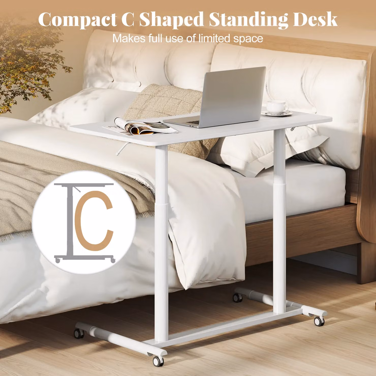 Costway Mobile C-Shaped Standing Desk with Adjustable Height and Castors, White – 4