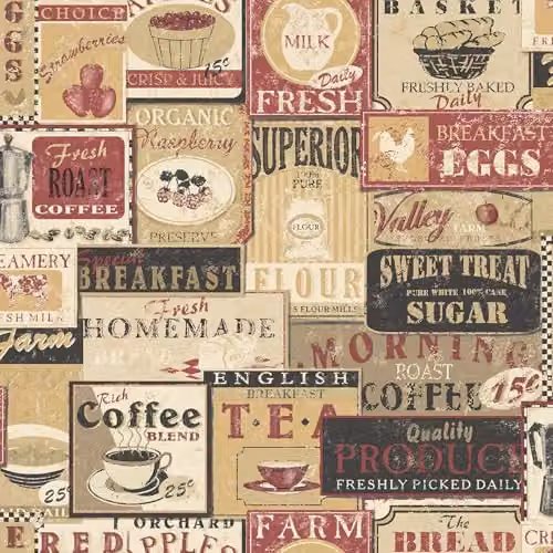 Galerie Memories 2 G56172 Old Breakfast Adverts Vintage Typography Wallpaper in Red, Beige and Multicolour