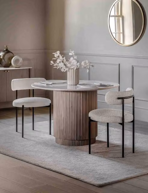 Gallery Direct Marmo Round Dining Table in Natural Marble and Mango Wood with Abstract White, Grey, Blue and Brown Tones