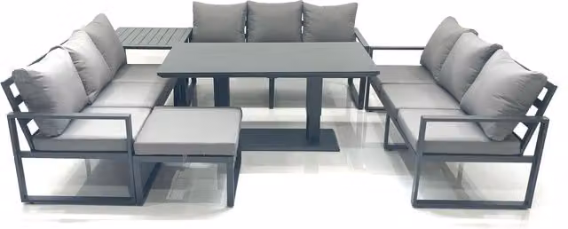 Fimous 10 Seater Aluminium Garden Sofa Set with Height Adjustable Dining Table, Side Table and Large Footstool in Dark Grey – 1