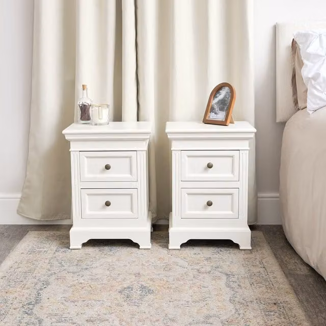 Melody Maison Pair of Ivory Two Drawer Bedside Tables in White Lacquered Wood