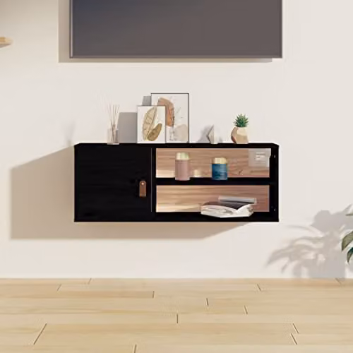 vidaXL Modern Black Lacquered Pine Wall Cabinet with Hinged Doors and Internal Shelves, W: 80 cm, D: 30 cm, H: 30 cm – 2