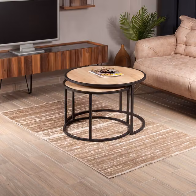 Decorotika Tambur Round Coffee Table in Black and Brown Wood