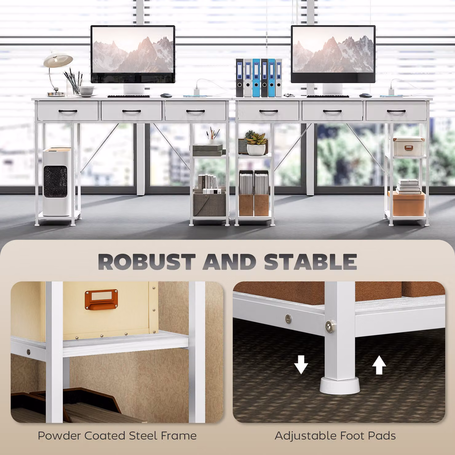 HOMCOM White Computer Desk with Power Outlets, 3 Fabric Drawers and 4 Storage Shelves, W: 120 cm, H: 76 cm, D: 60 cm – 4