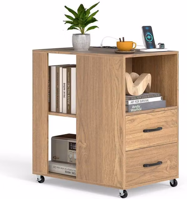 Gymax Rolling Nightstand End Side Table with Storage Drawers in Light Khaki