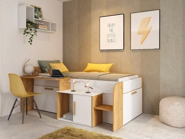 Vente-unique Single Combination Bed with Desk, Storage Drawers and Stairs in White and Black, W/D/H: 90 x 200 x 134.6 cm – 1