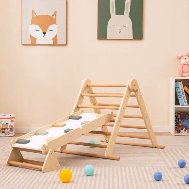Costway 3-in-1 Foldable Pikler Triangle Climbing Set in Natural Wood
