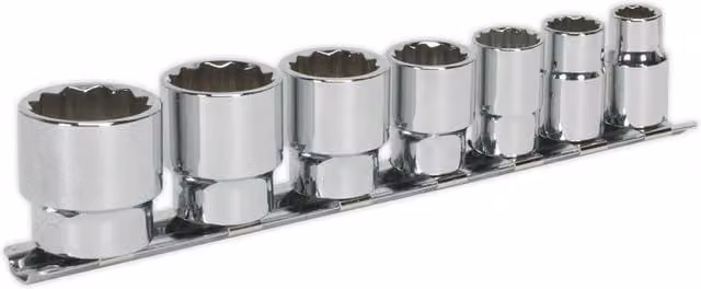 Loops 7 Piece Whitworth Socket Set, 3/8 Inch Imperial Square Drive, 12 Point High Torque, Chrome Vanadium and Stainless Steel, Silver and Multicolour