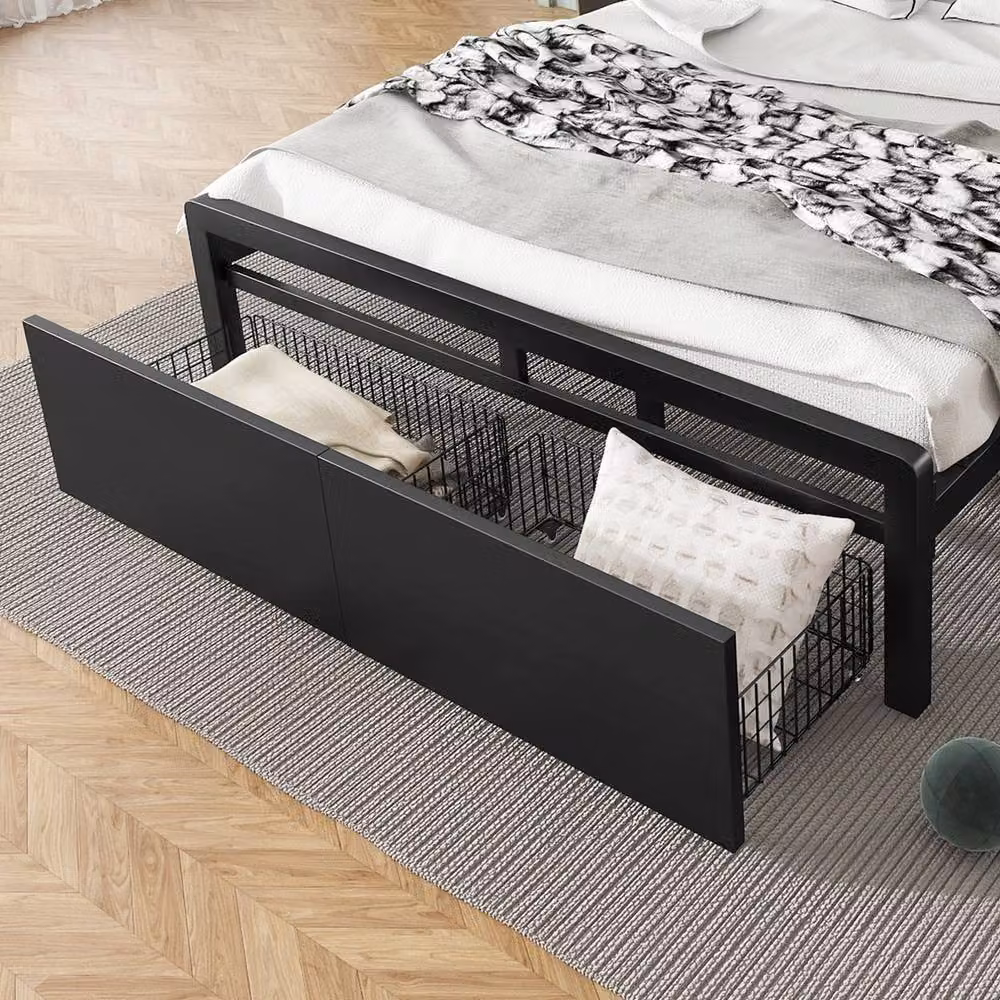 STILVORA Double Metal Bed in Black with Drawers, LED Lighting and USB Charging Port, W/D/H: 140 x 200 cm – 6
