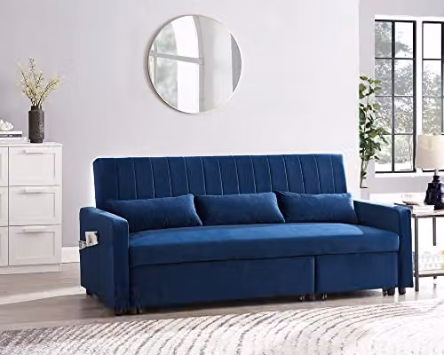 Home Detail Cornwall Blue Velvet L-Shape 3 Seater Pull-out Sofa Bed with Storage Pocket Chaise – 2