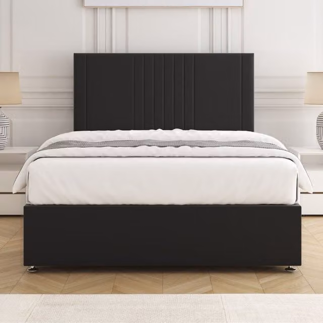 BSSPOKE Monaco Super King Velvet Plush Divan Bed Set with 24 inch Headboard and Mattress in Black, W/D/H: 200 x 200 cm – 1