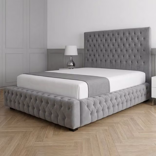 Living Comfort Bedz Countess Grey Velvet Upholstered Gas Lift Storage Bed, W/D: 200 x 200 cm