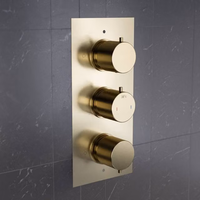 Nes Home 3 Dial 2 Way Concealed Thermostatic Shower Mixer Valve in Brushed Brass Gold, W: 29.6 cm, H: 25.3 cm