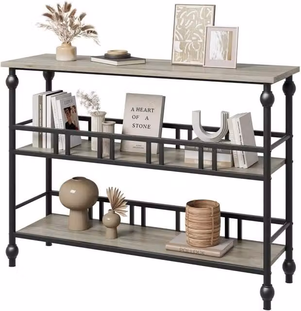 VOGREX 3-Tier Grey Console Table with Shelves for Hallway, Living Room or Bedroom