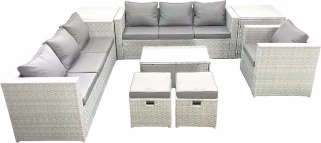 Fimous Rattan Garden Furniture Set in Light Grey with 3-Seater Sofa, Armchair, Coffee Table and Ottoman