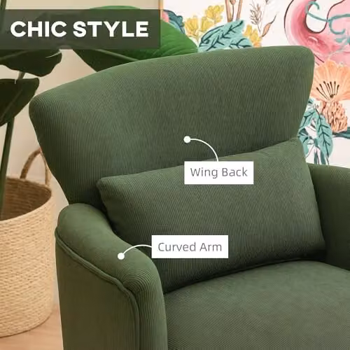 HOMCOM Retro Cord Green Tub Armchair with Solid Wood Frame, W/D/H: 69.5 x 78.0 x 69.0 cm – 5