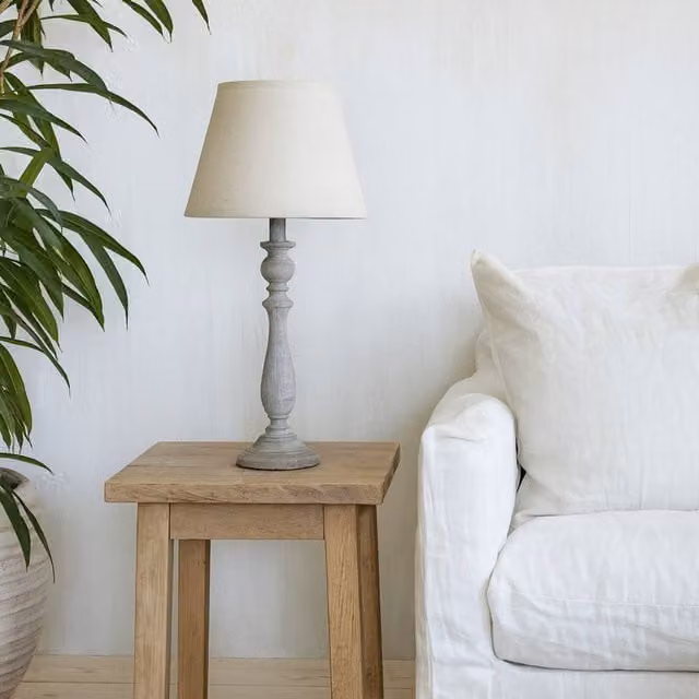 Wyld Haus Giverny Whitewashed Turned Wooden Pillar Table Lamp with Cream Linen Shade in White, Height: 33.02 cm