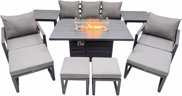 Fimous 9 Seat Aluminium Gas Fire Pit Table Set in Dark Grey with Upholstered Outdoor Sofa, Coffee Table, Ottoman and Side Trays