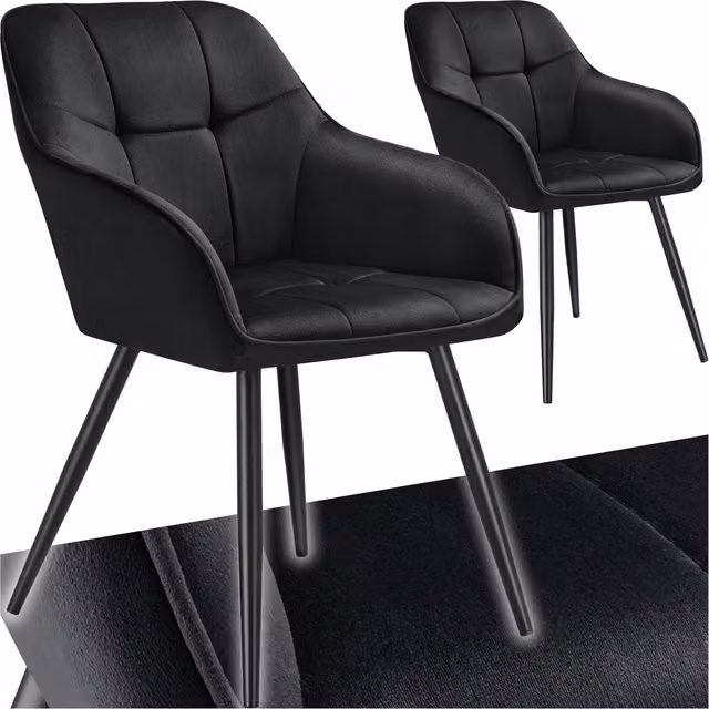tectake Marilyn Dining Chairs Set of 2, Black Velvet Look with Geometric Quilted Pattern and Metal Frame