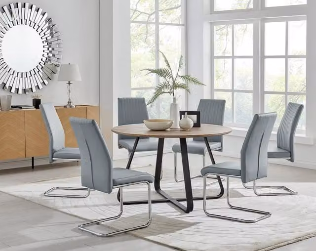FurnitureboxUK Santorini Round Brown Wood Effect Dining Table and 6 Black Lorenzo Grey Chairs, W/D/H: 120 x 120 x 75 cm