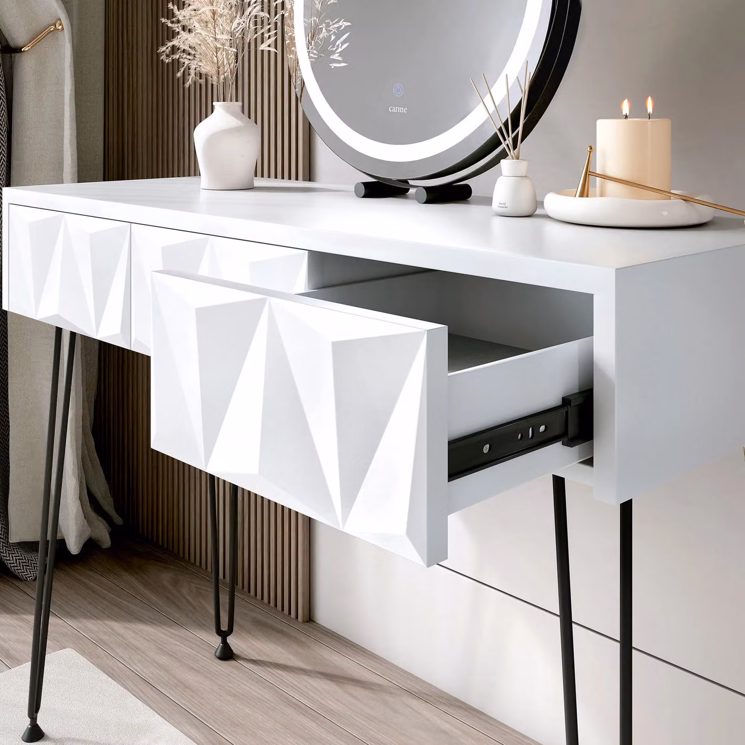 Carme Home Claudia White 3 Drawer Dressing Table with Black Metal Hairpin Legs – 2