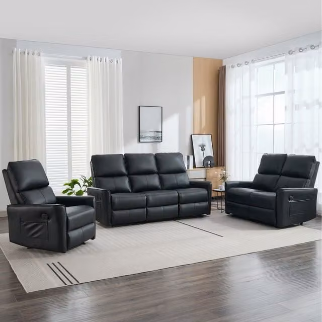More4Homes Madrid 6-Seater Manual Air Leather Recliner Sofa Set in Black