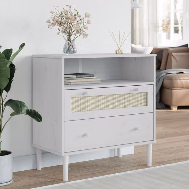 Berkfield Home SENJA Sideboard in White Rattan Look Solid Pine Wood, W/D/H: 80 x 40 x 80 cm – 1