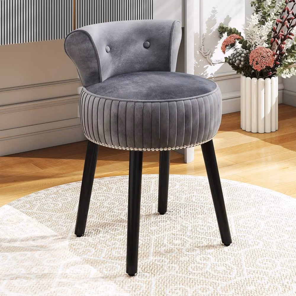 Costway Velvet Tufted Back Upholstered Vanity Makeup Stool in Grey – 3