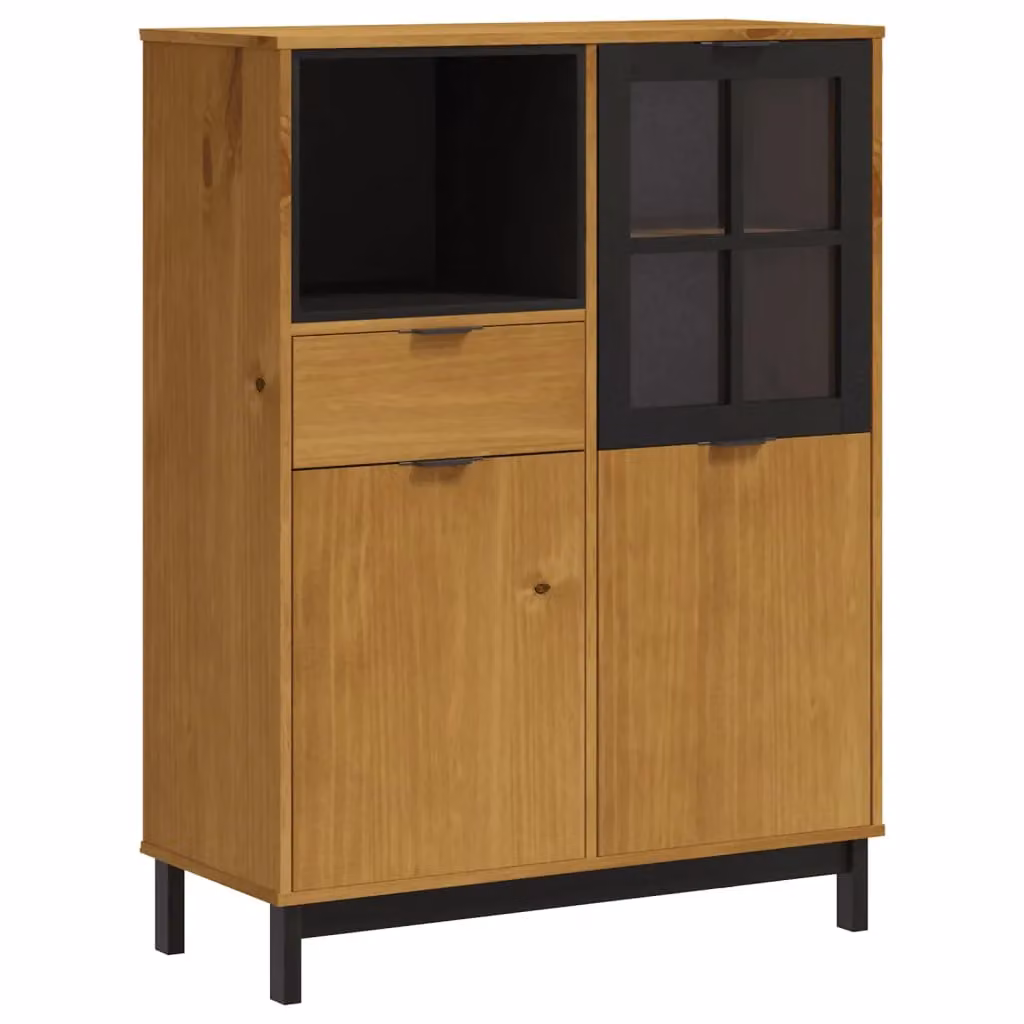 Berkfield Home FLAM Highboard with Glass Doors in Brown Solid Pine Wood, W/D/H: 92 x 40 x 122.5 cm – 2