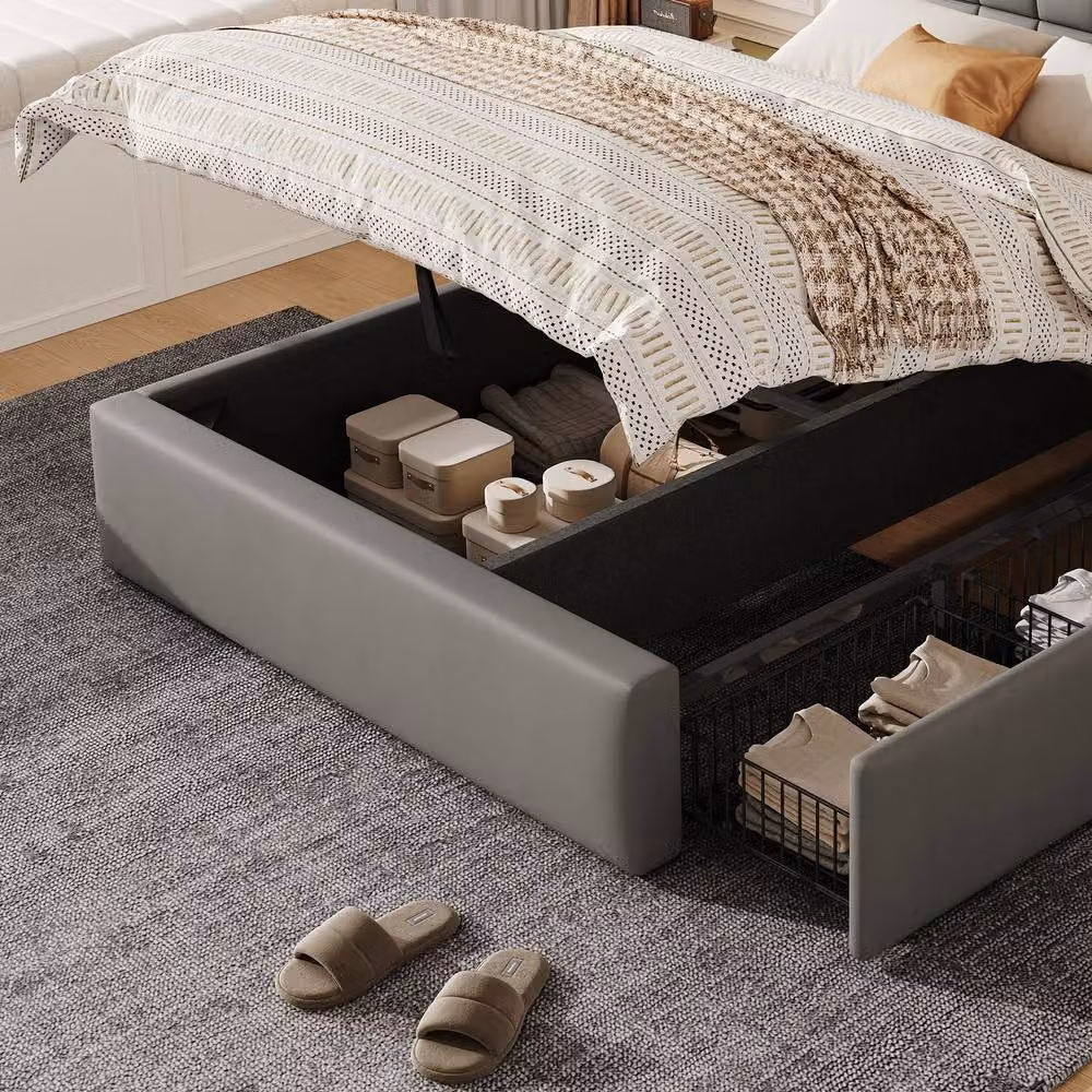 BTM Double Upholstered Hydraulic Storage Bed Frame with Drawers in Grey, W/D/H: 140 x 200 x 148 cm – 6